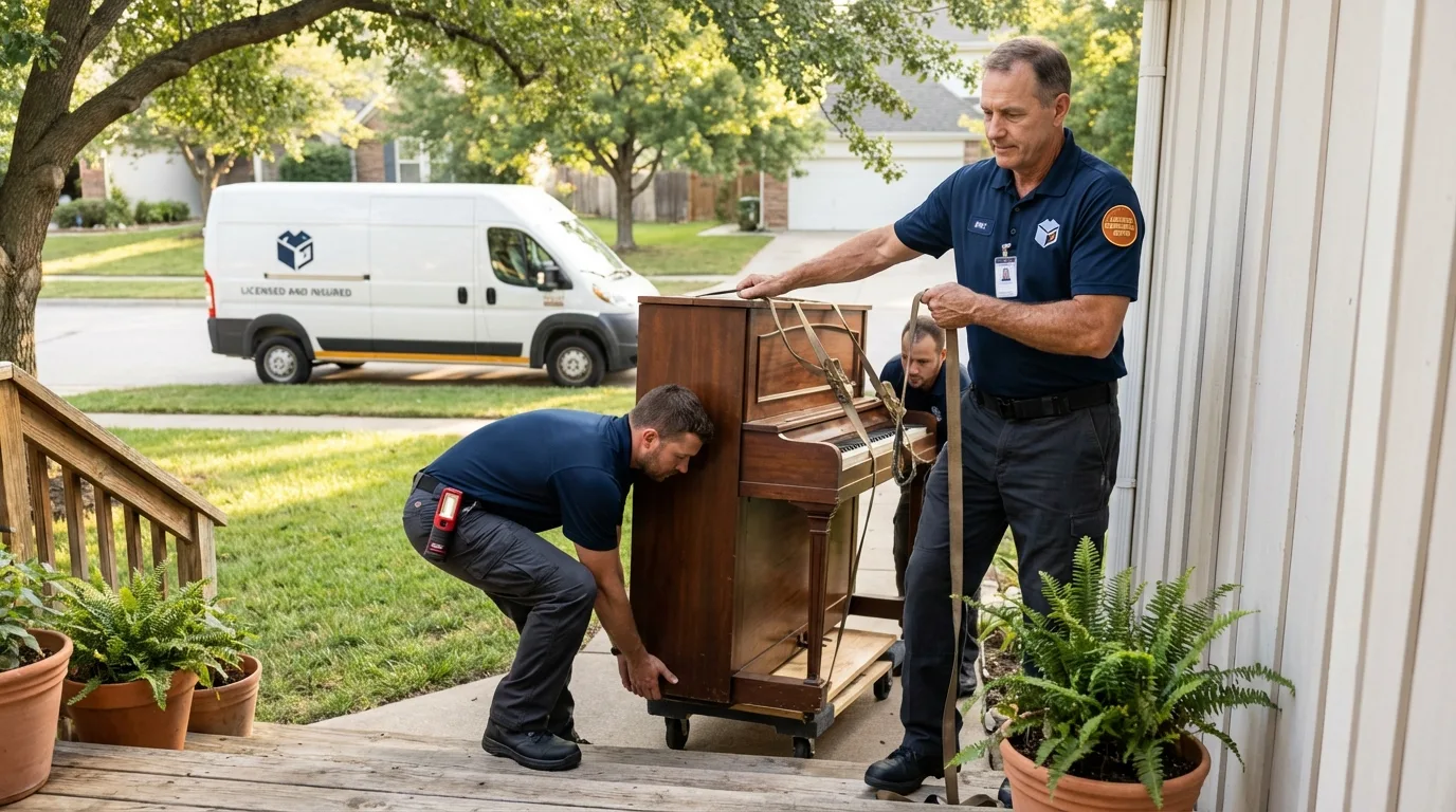 Licensed piano movers securing grand piano in Gibsonville, NC