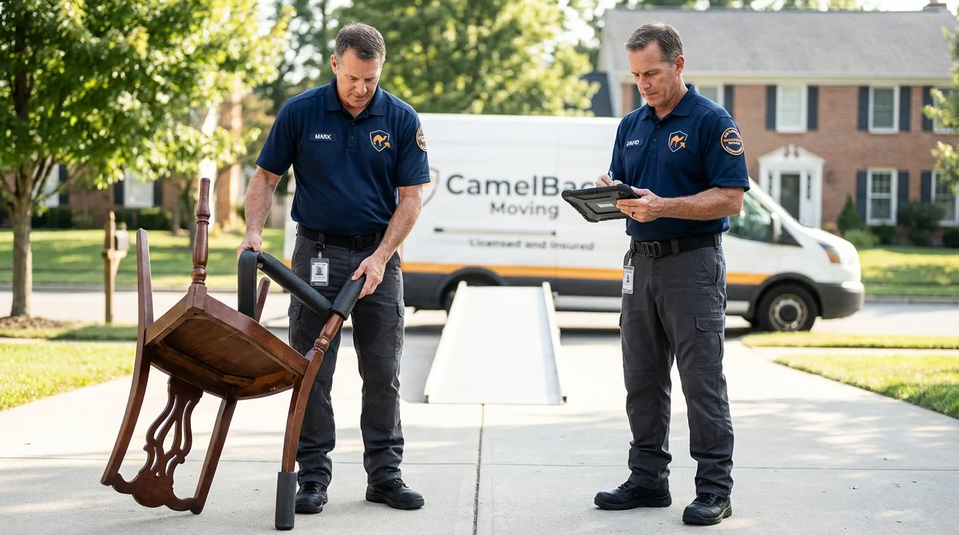 Movers inspecting furniture for damage prevention before loading in Gibsonville, NC