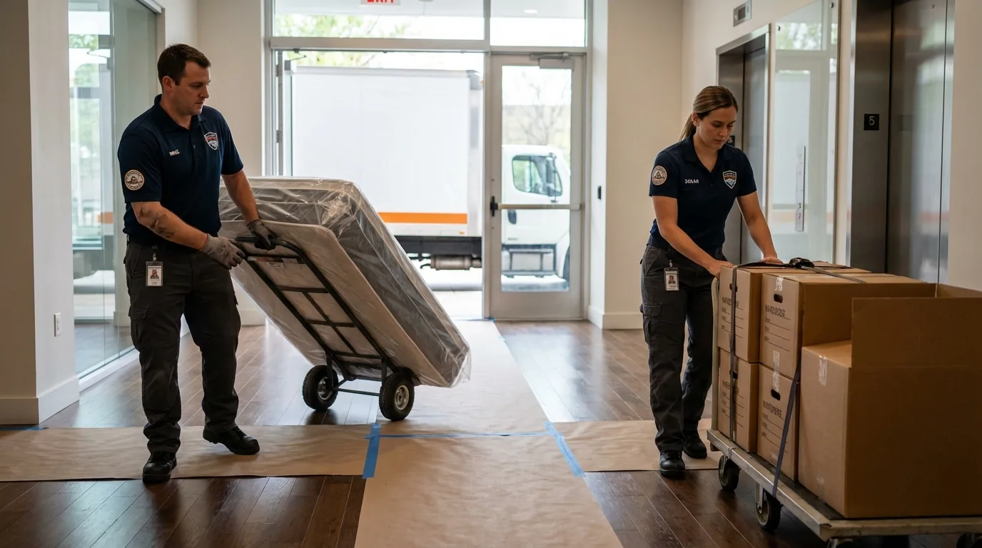 Professional apartment movers loading elevator in Gibsonville, NC