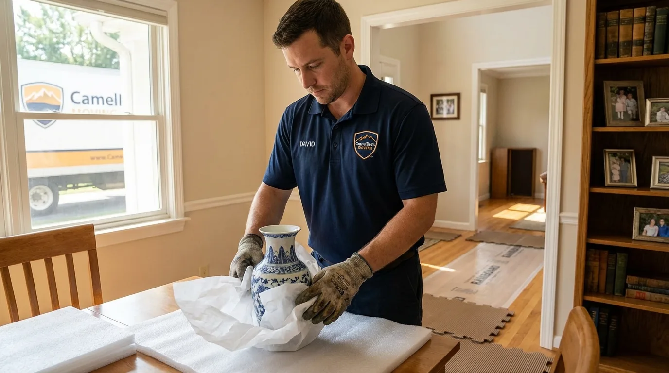 Professional crew carefully wrapping antique vase for senior downsizing move in Gibsonville, NC