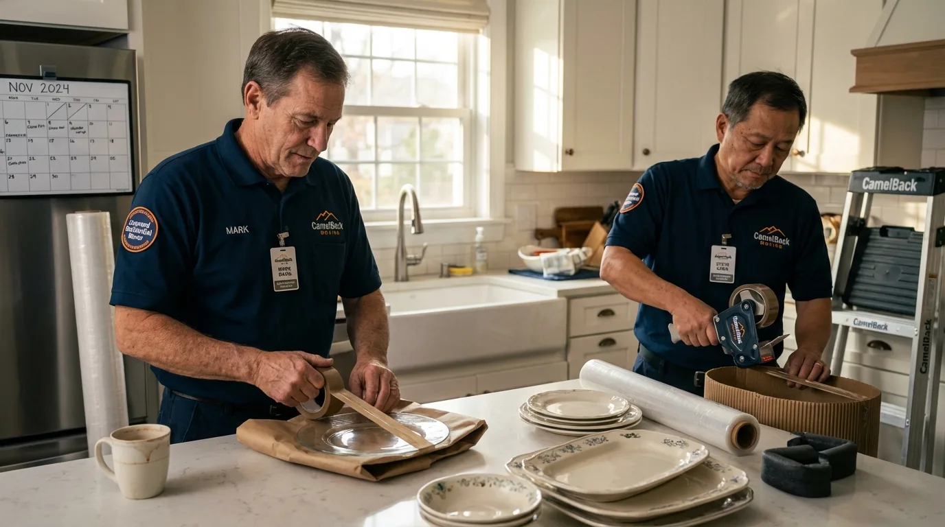 Professional crew packing kitchen dishware in Gibsonville, NC